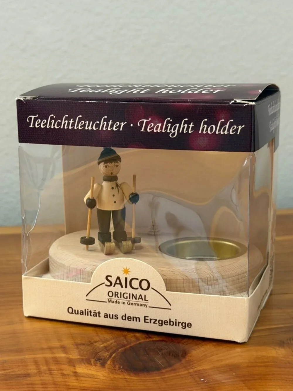 Saico Originals Erzgebirge Tealight Holder Wooden Skier Figurine Made in Germany